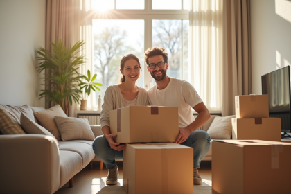Jeune couple souriant en préparant des cartons dans un salon lumineux