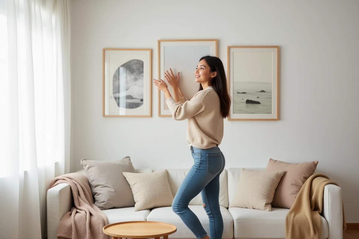 Jeune femme arrangeant des affiches modernes dans un salon lumineux