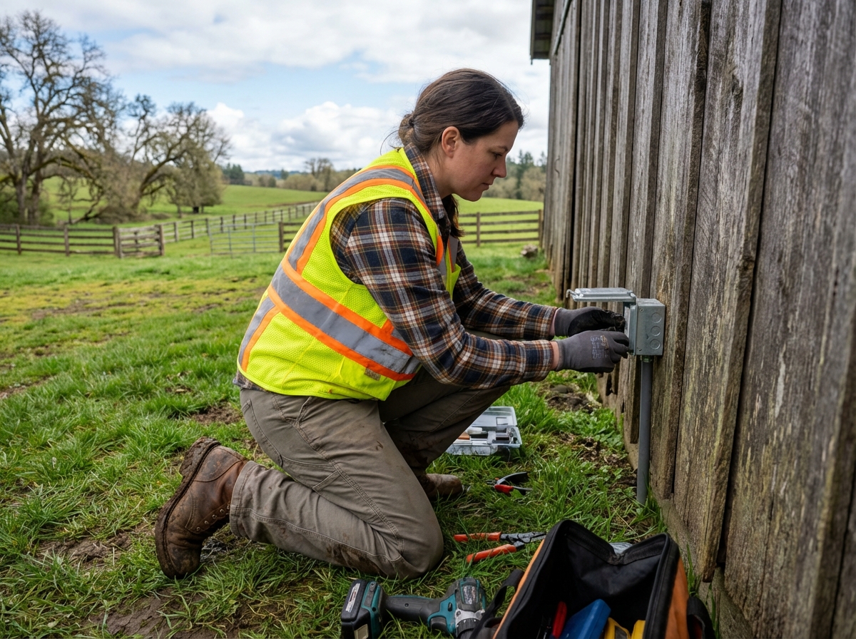 Jeune femme électricienne installant une prise extérieure dans une ferme rurale
