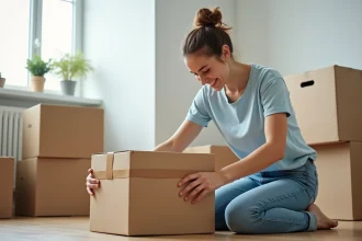 Jeune femme en train de sceller une boxe de déménagement dans un appartement moderne