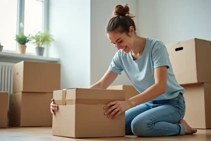 Jeune femme en train de sceller une boxe de déménagement dans un appartement moderne