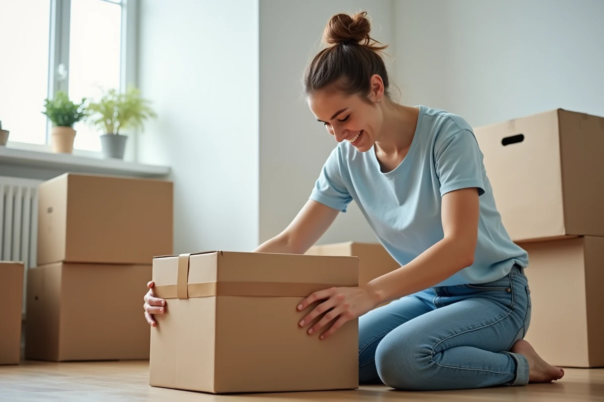 Jeune femme en train de sceller une boxe de déménagement dans un appartement moderne