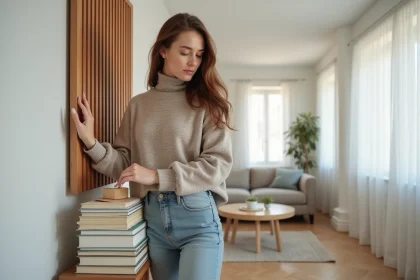Jeune femme arrangeant des livres dans un salon moderne