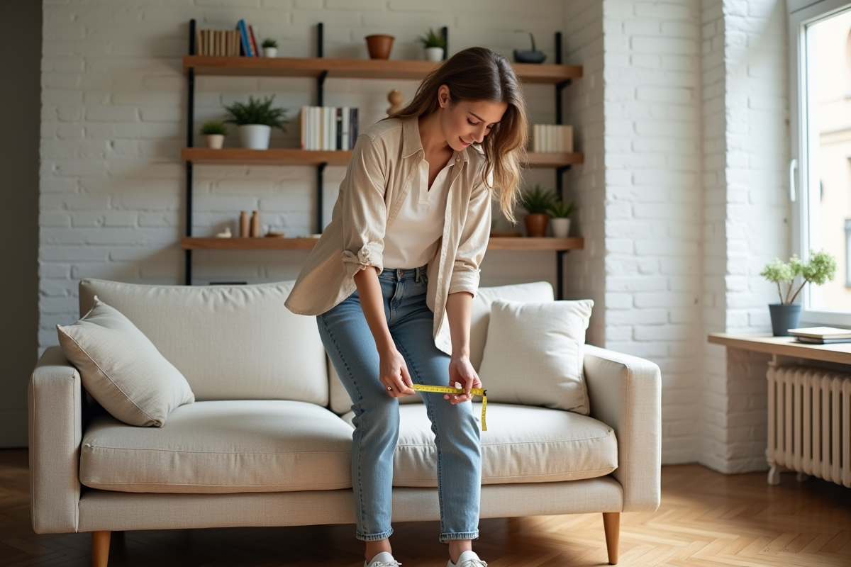 Jeune femme mesure un canapé beige dans un salon lumineux