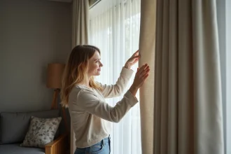 Jeune femme tirant des rideaux occultants dans un salon moderne