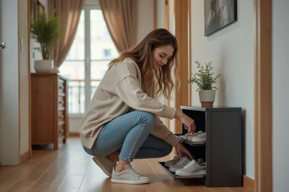 Jeune femme dans une entrée moderne range des sneakers
