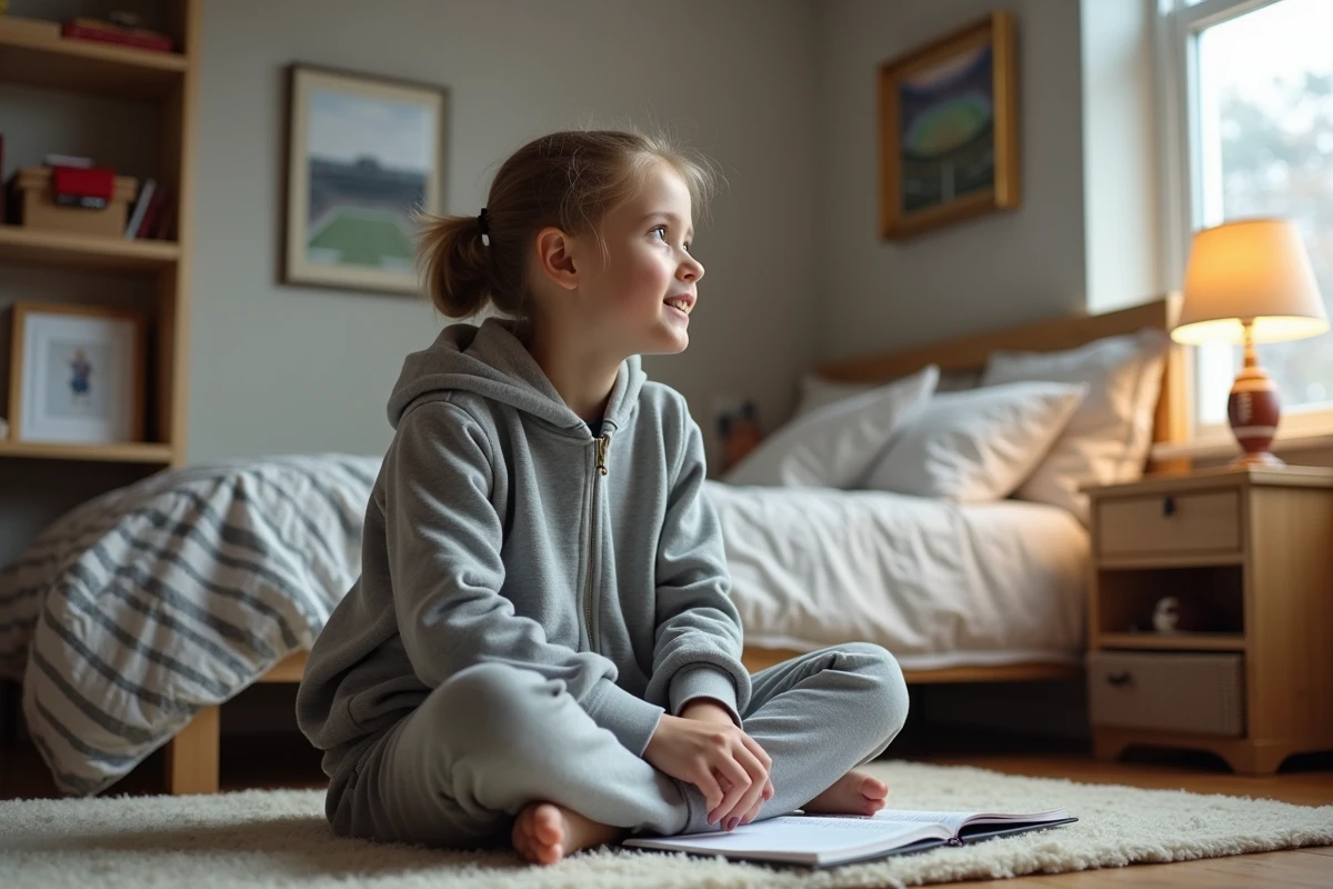 Fille faisant ses devoirs dans une chambre avec touches football