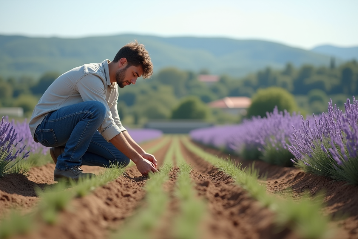 Jeune homme plantant des lavandes en champ