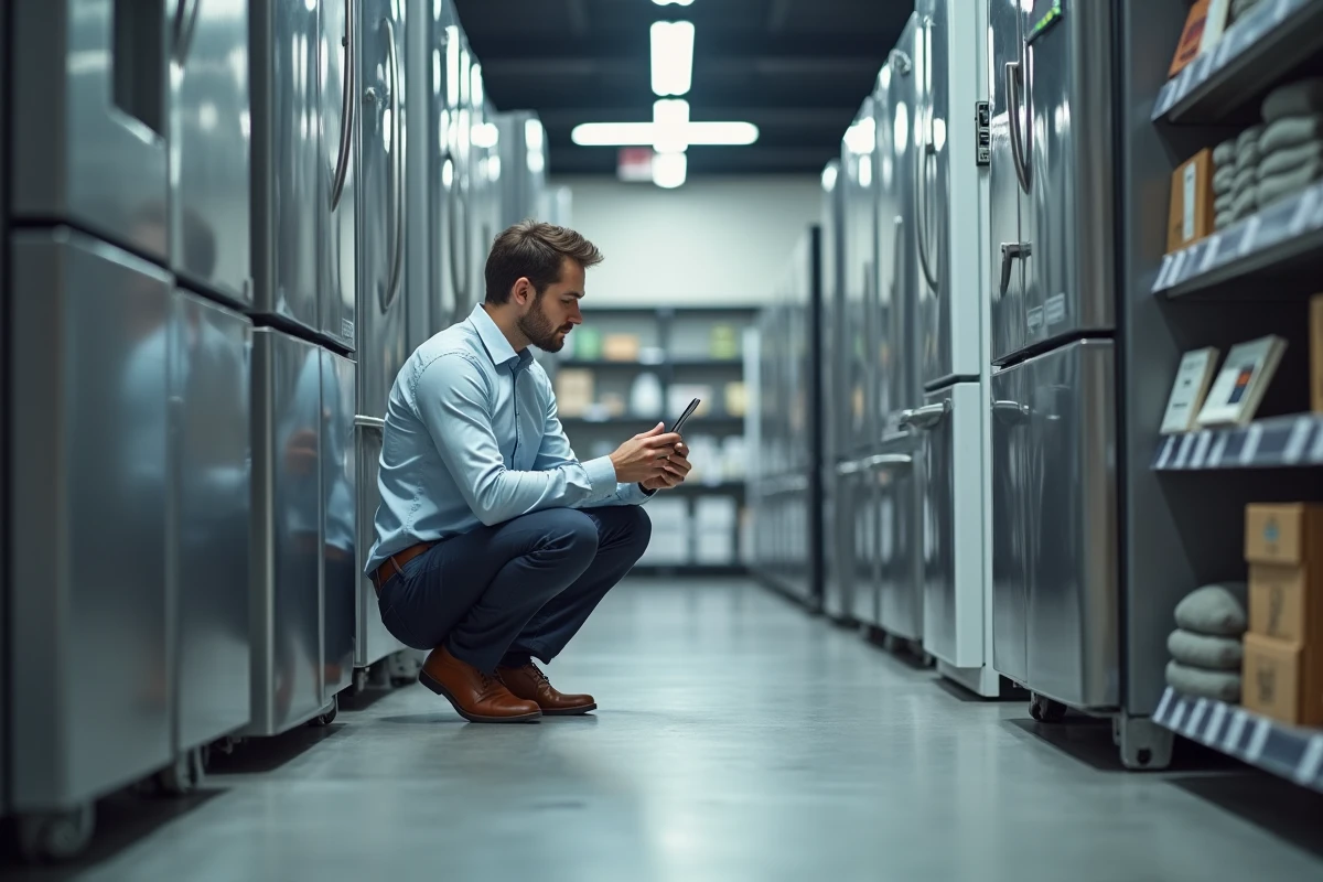 Jeune homme photographiant une etiquette sur un frigo en magasin