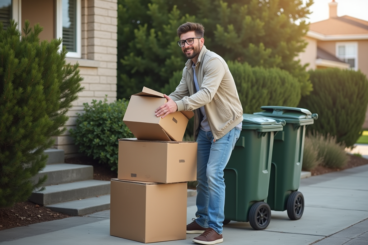Jeune homme empilant des cartons recyclés devant sa maison