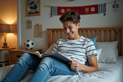 Jeune garçon relaxant avec football dans sa chambre