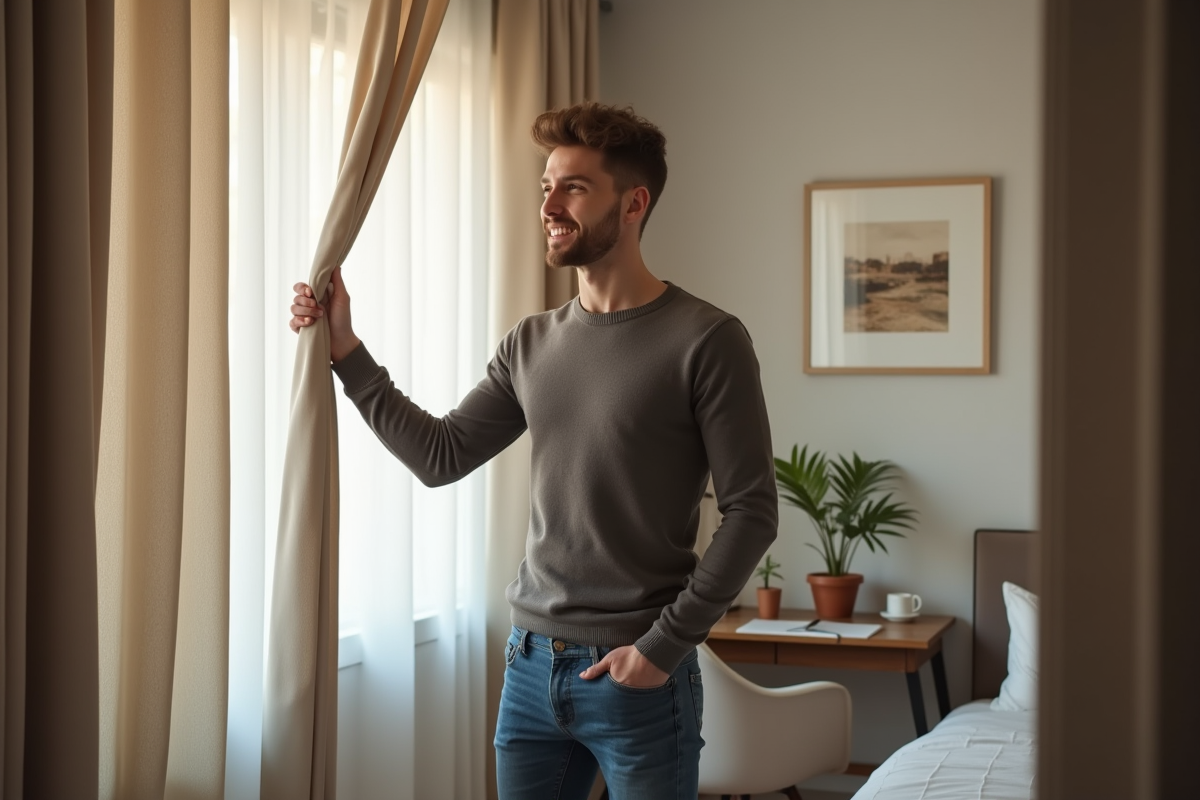 Jeune homme ajustant des rideaux dans une chambre cosy