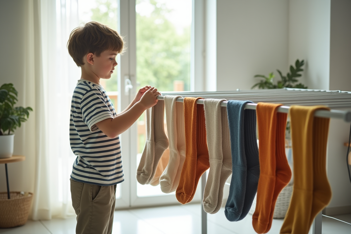 Adolescent accrochant des chaussettes colorées au sèche-linge