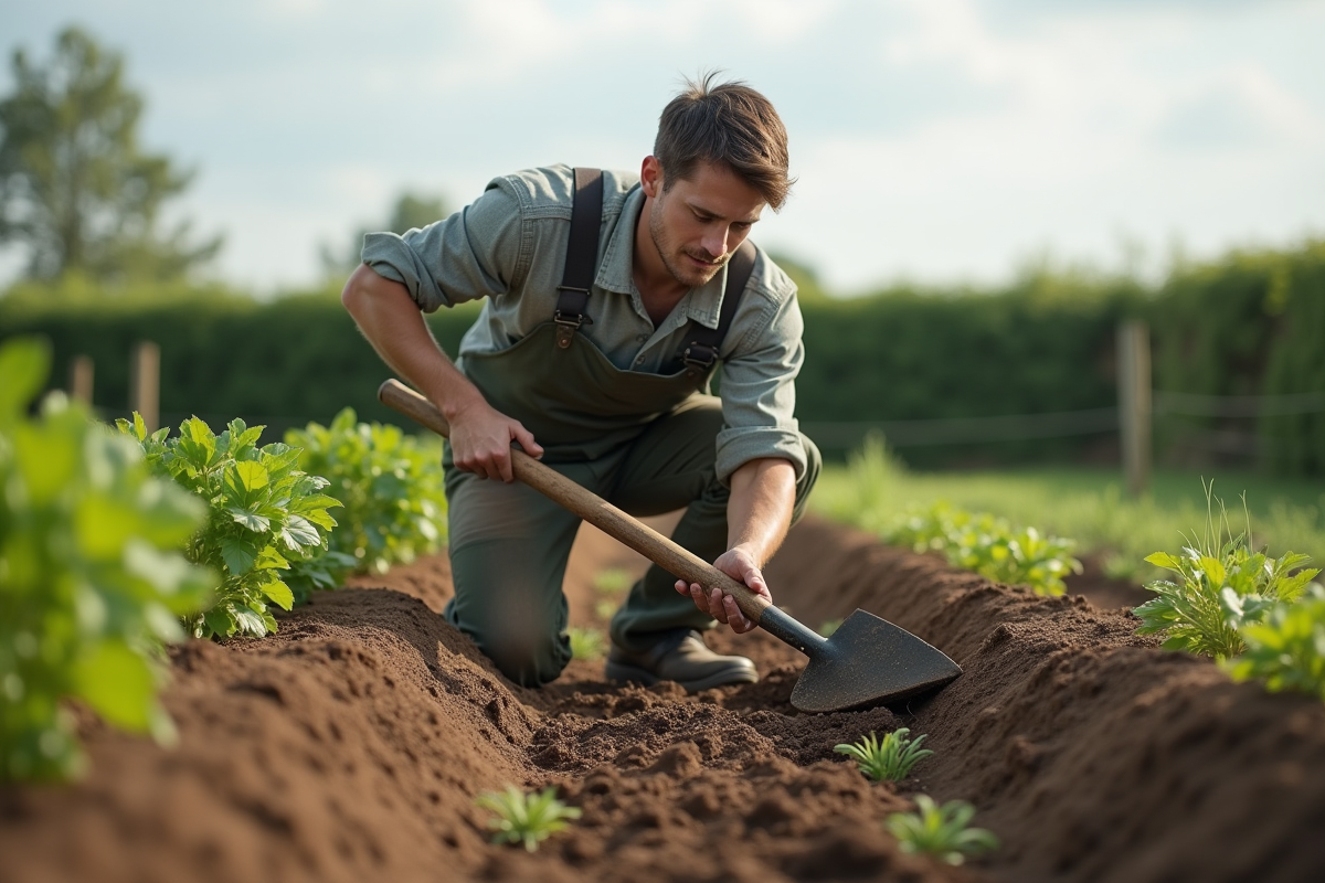 Jeune homme en train de désherber dans le potager