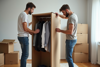 Jeune couple organisant un déménagement dans un salon moderne