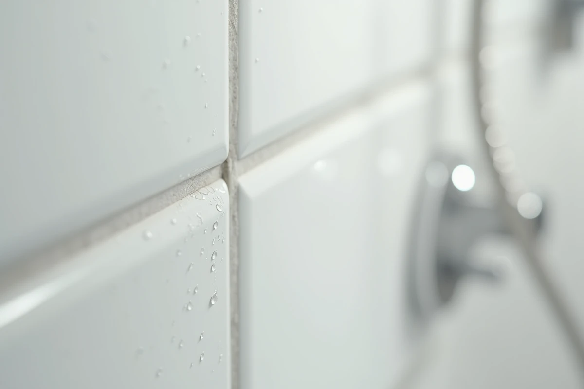 Gros plan sur le joint d'assemblage d'une dalle PVC murale étanche dans une douche avec mastic transparent et gouttes d'eau