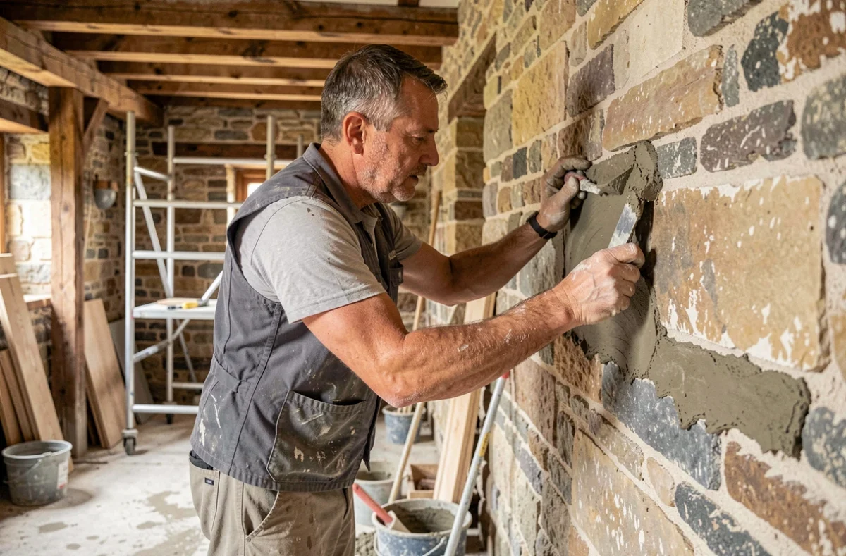 Artisan maçon JT'RENOV appliquant du mortier sur un mur en pierre lors d'une rénovation