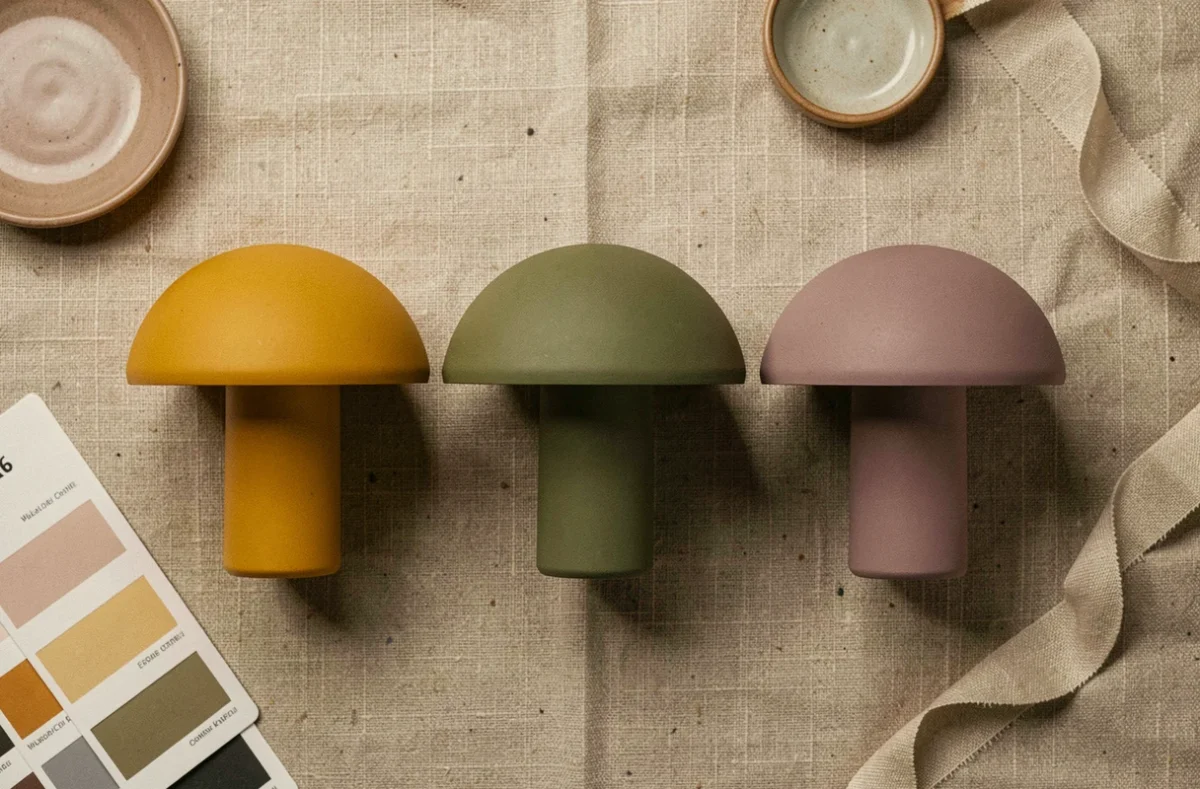 Flat lay de trois modèles de lampes champignon en grès mat dans les coloris tendance 2026 ocre, vert olive et mauve sur fond de lin naturel