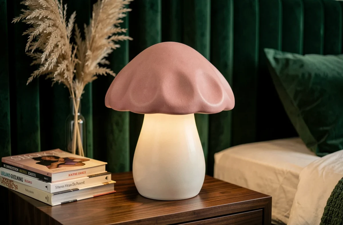 Lampe de chevet champignon en porcelaine rose poudré et blanc cassé sur table de nuit en noyer dans un intérieur maximaliste tendance