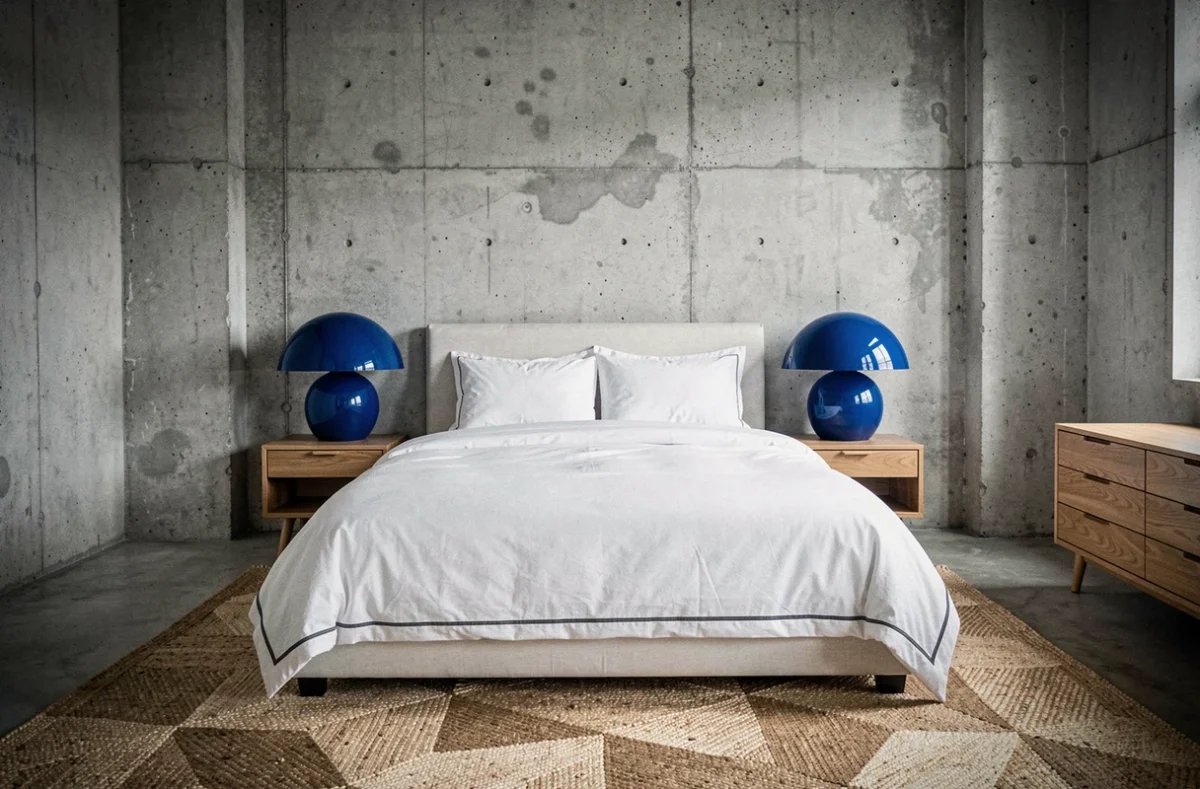 Deux lampes de chevet champignon en résine bleu cobalt encadrant un lit double dans une chambre style industriel chic avec murs en béton