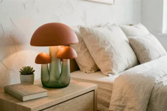 Lampe de chevet tendance 2026 en forme de champignons en verre soufflé terracotta et vert sauge posée sur une table de nuit en chêne