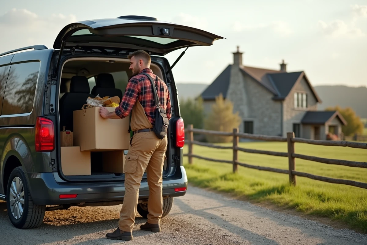 Livreur rural ouvrant le coffre d