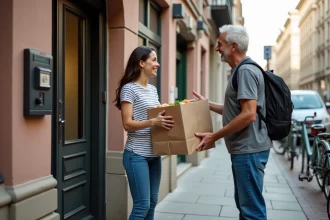 Jeune femme livreuse souriante remet un sac de courses à un homme âgé dans une rue urbaine