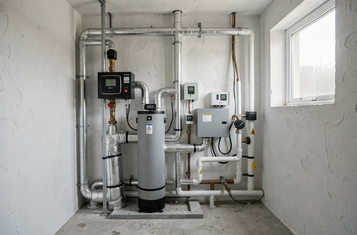 Local technique intérieur avec installation complète d'une pompe à chaleur géothermique et ses équipements