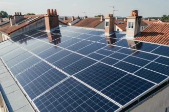 Toiture résidentielle recouverte de panneaux solaires photovoltaïques dans un quartier pavillonnaire français