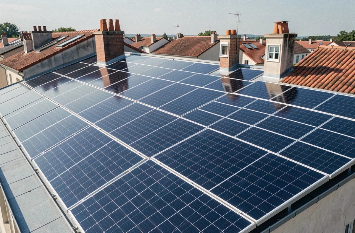 Toiture résidentielle recouverte de panneaux solaires photovoltaïques dans un quartier pavillonnaire français