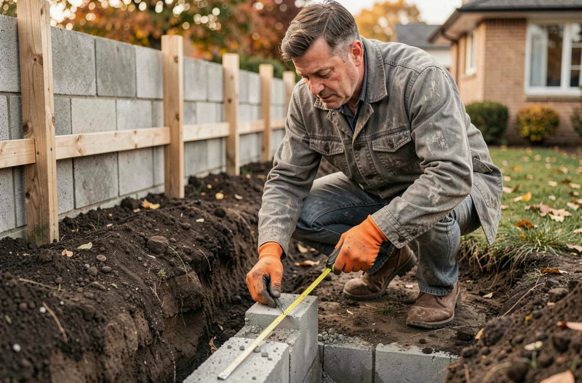 Maçon inspectant la profondeur de fondation d'un mur de clôture en béton en automne