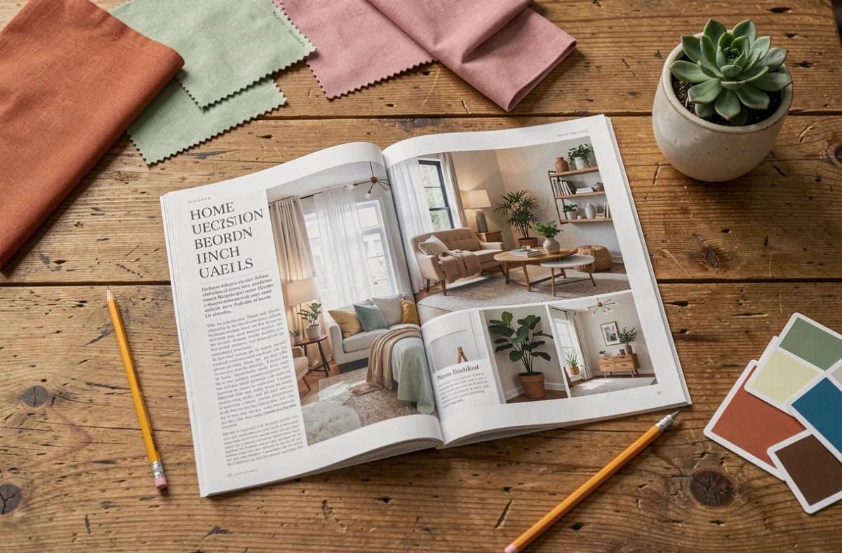 Magazine de décoration ouvert sur une table en chêne avec des échantillons de tissu et de peinture pour planifier un projet de décoration maison