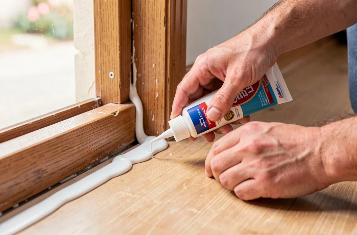 Mains qui colmatent une fissure de plinthe au silicone