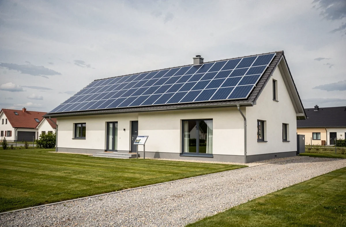 Maison individuelle moderne équipée de panneaux solaires couvrant entièrement le toit en milieu suburban