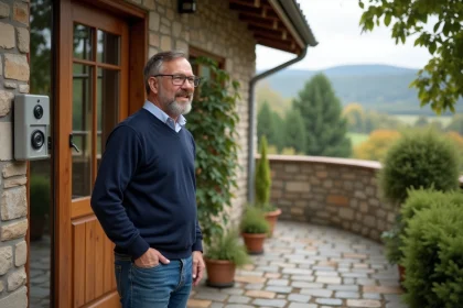 Homme vérifiant le panneau de sécurité devant une maison rurale