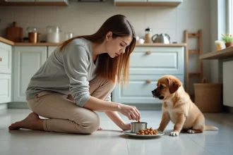 Maman montre à sa fille un conteneur à nourriture pour animal
