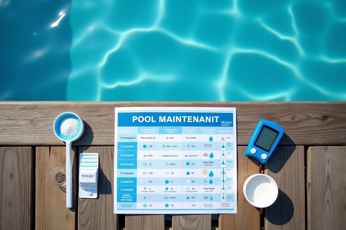 Vue de dessus du matériel de traitement au chlore pour piscine hors sol avec tableau de dosage sur terrasse en bois