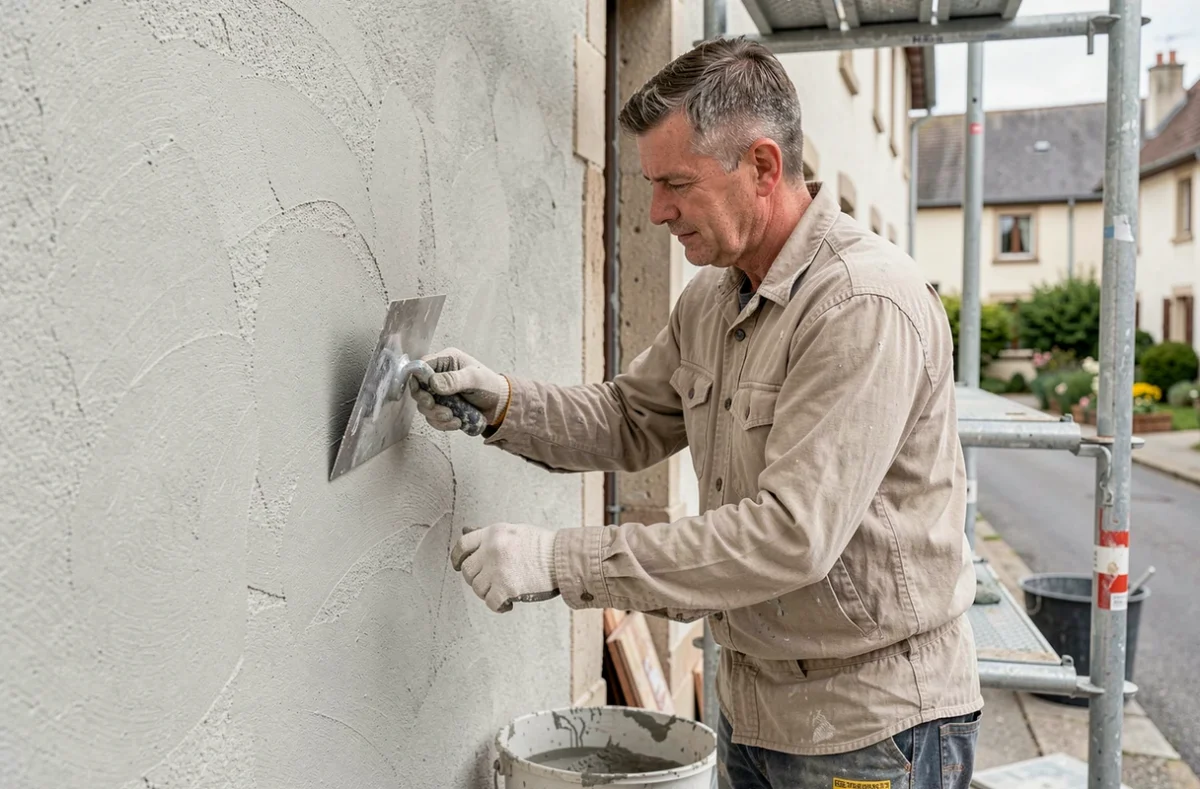 Artisan maçon MDBTP54 appliquant un enduit sur une façade à Rosières-aux-Salines