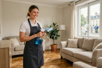 Professionnelle du ménage à domicile dans un salon propre et moderne dans la Loire, souriante avec ses produits d'entretien