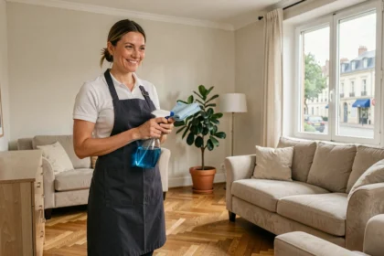 Professionnelle du ménage à domicile dans un salon propre et moderne dans la Loire, souriante avec ses produits d'entretien