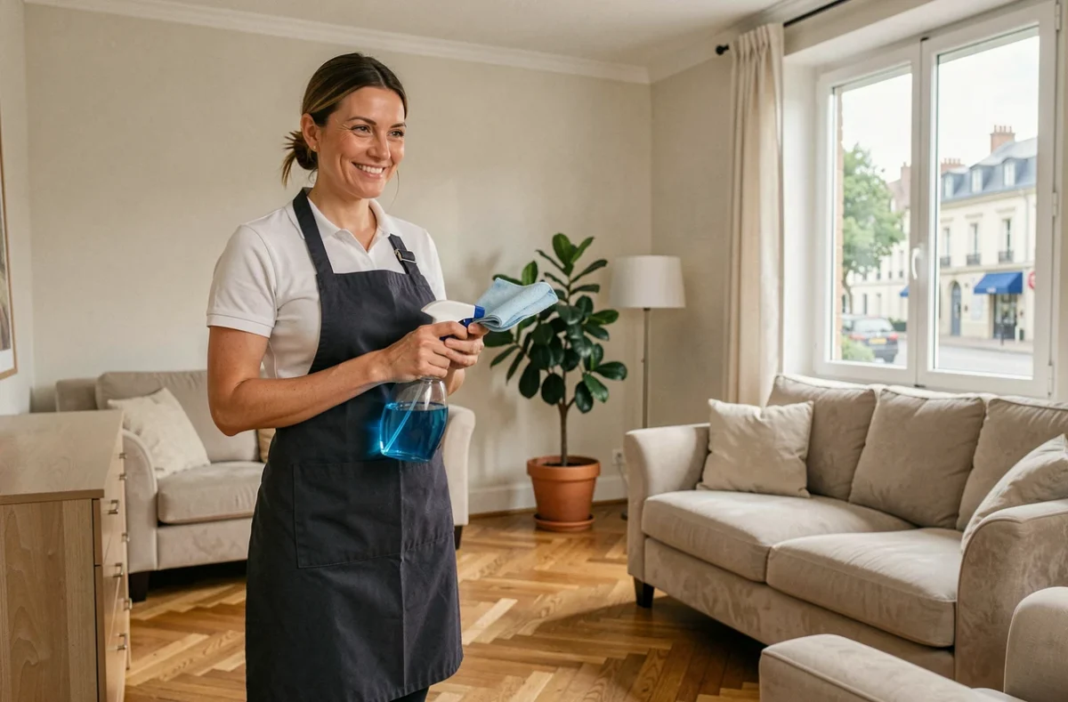 Professionnelle du ménage à domicile dans un salon propre et moderne dans la Loire, souriante avec ses produits d'entretien