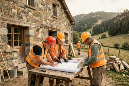 Équipe de rénovation travaillant sur une ferme en pierre traditionnelle dans le Jura, paysage rural en arrière-plan