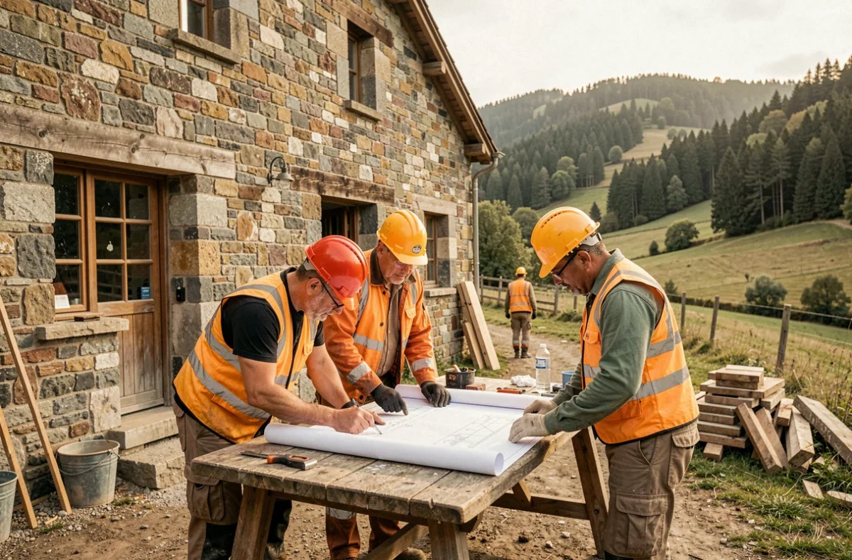 Équipe de rénovation travaillant sur une ferme en pierre traditionnelle dans le Jura, paysage rural en arrière-plan