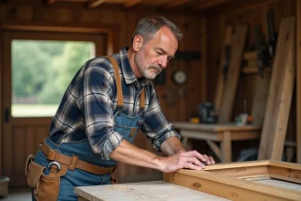 Menuisier middleaged sablant un cadre en chene dans son atelier