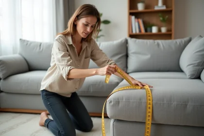 Femme mesurant un canapé d'angle gris avec un mètre ruban pour choisir la bonne housse de canapé conforama