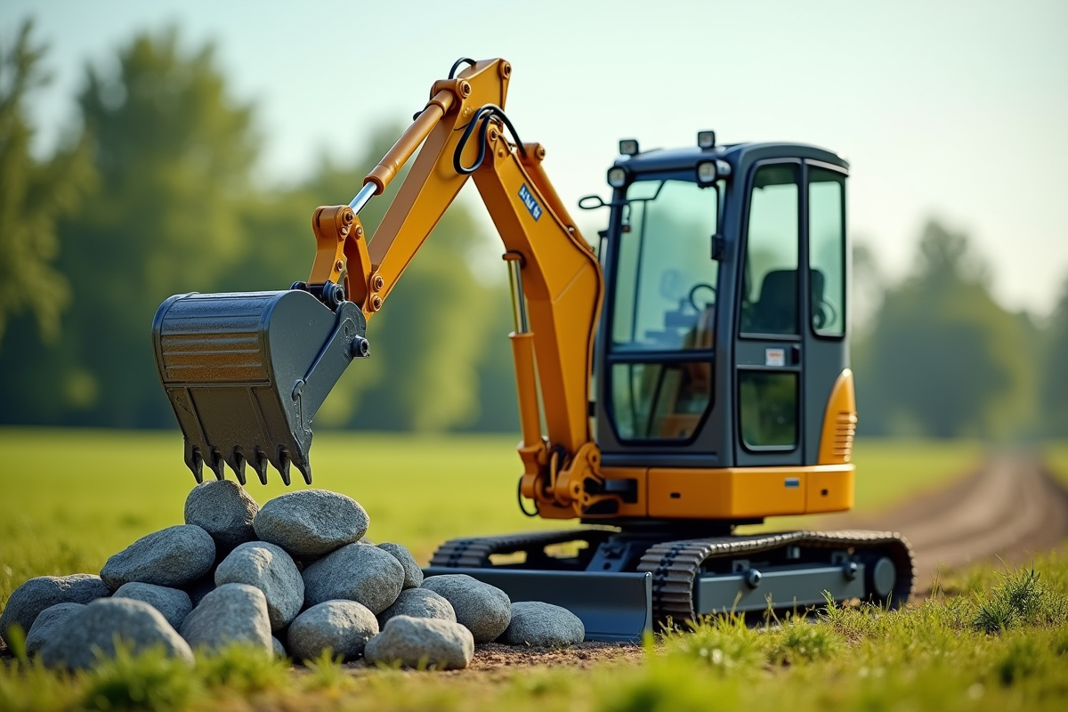 Mini excavateur dans la campagne manipulant des pierres lourdes