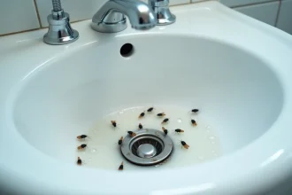 Mouches à drains sur le siphon d'un lavabo de salle de bain avec résidus de savon et humidité