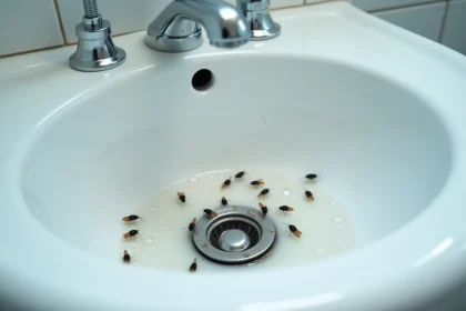 Mouches à drains sur le siphon d'un lavabo de salle de bain avec résidus de savon et humidité