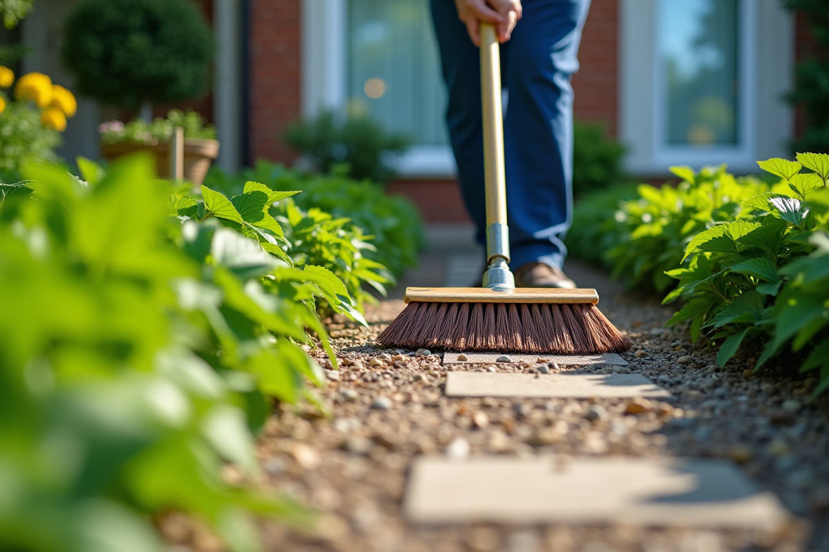 Mains nettoyant un chemin de jardin entouré de plantes vertes