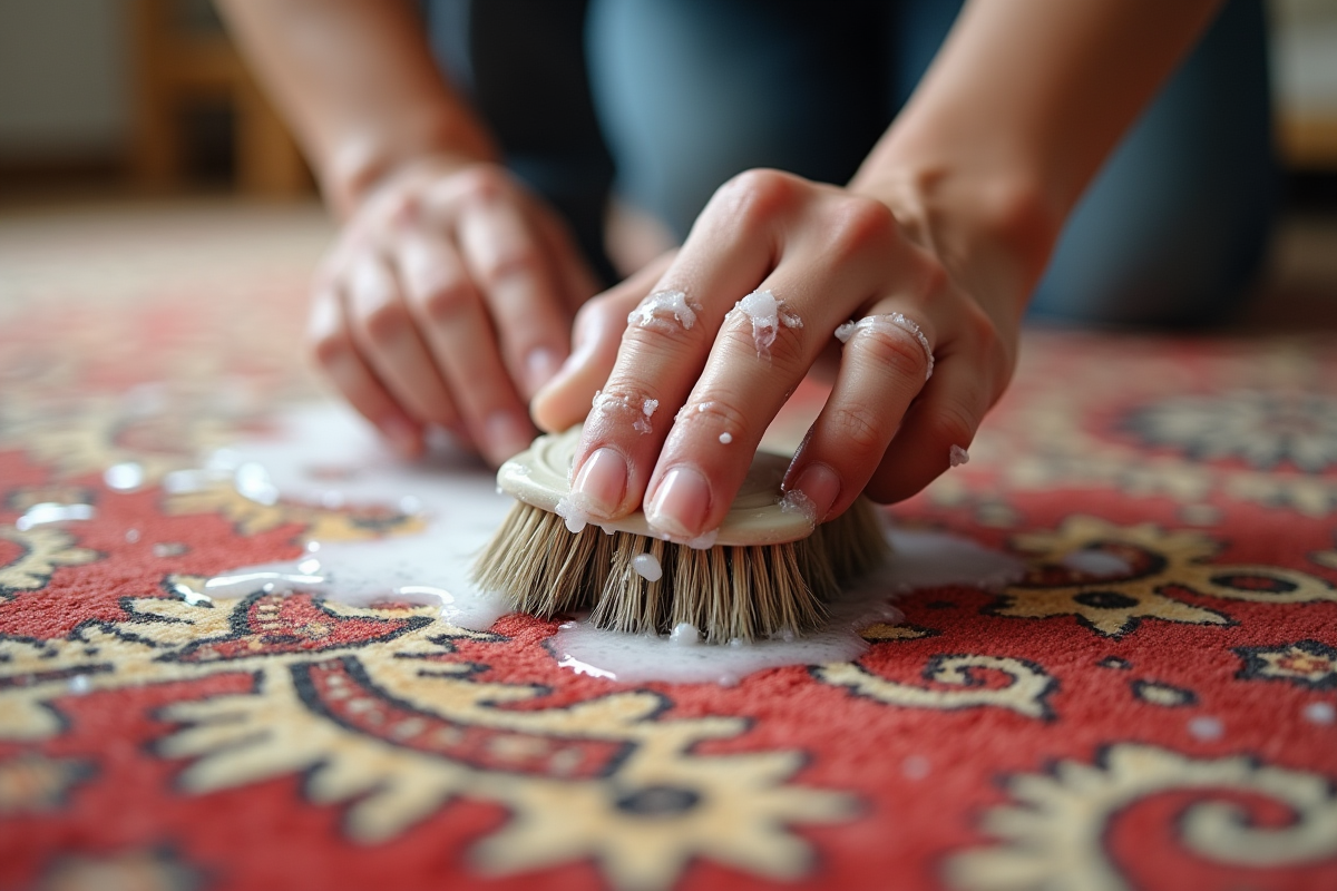 Mains nettoyant un tapis berbere avec une brosse et de l
